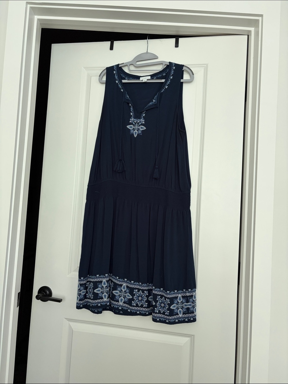 J. Jill Navy Sleeveless Embroidered Mini Dress